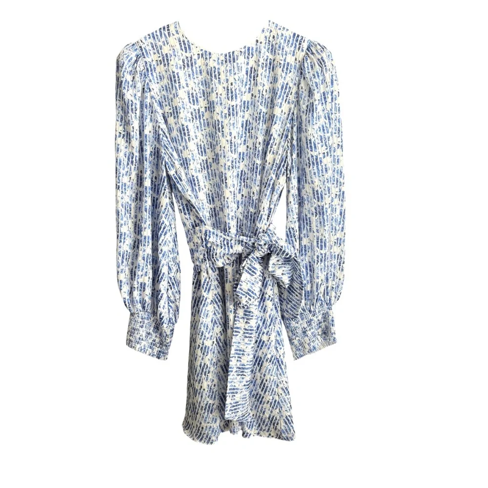 Alice + Olivia Molli Belted Floral Mini Dress Size 12 Blue Long Sleeve Feminine - Picture 4 of 8